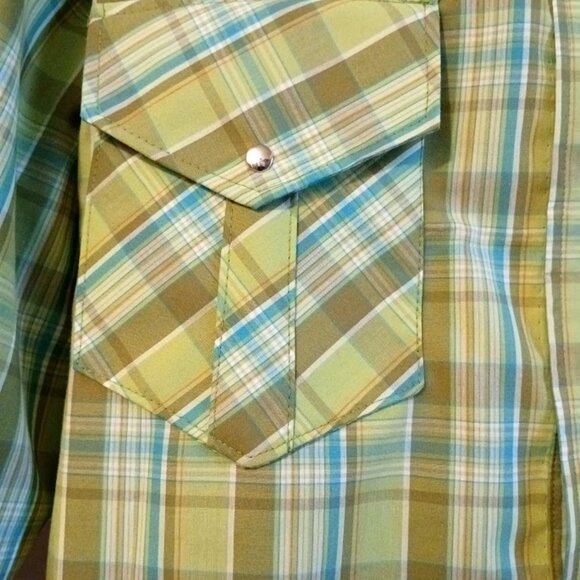 New Mens Western Cowboy Snap Shirt M Plaid short sleeve Mint Olive Blue collared - Picture 5 of 9